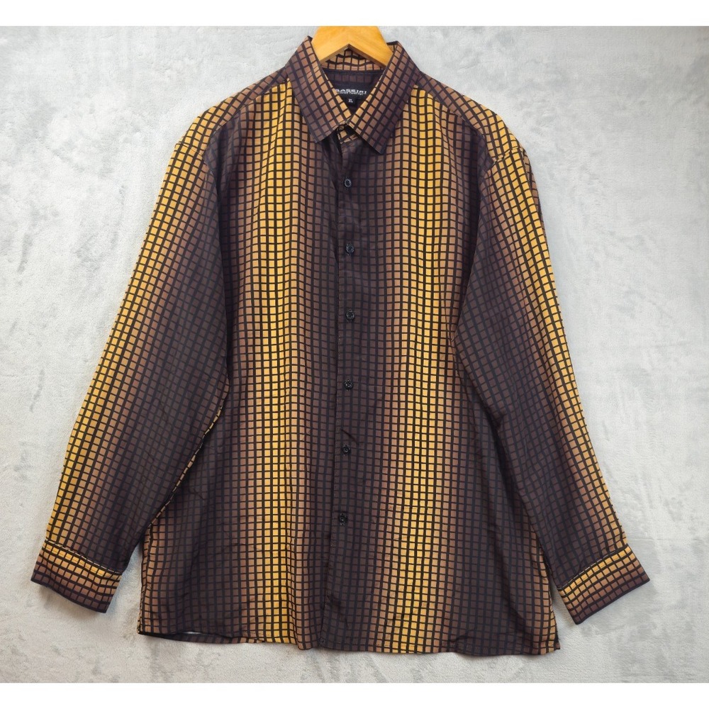 Bassiri Shirt Men's XL Geometric Abstract Square Long Sleeve Brown Gold